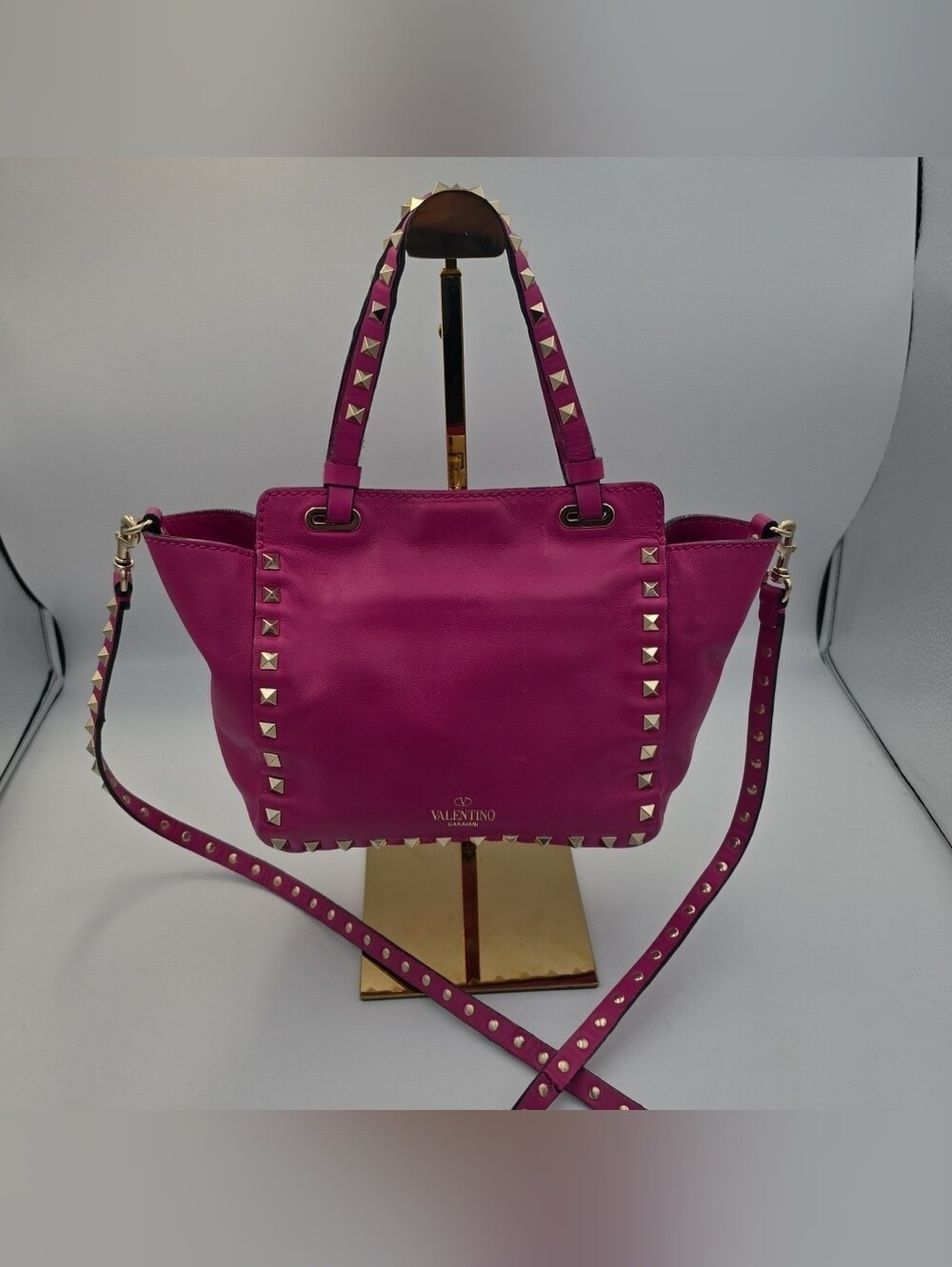 Valentino Garavani Fushia Rock Stud 2-Way Small Tote Gold Hardware (EUC)COA💖 - Picture 10 of 11